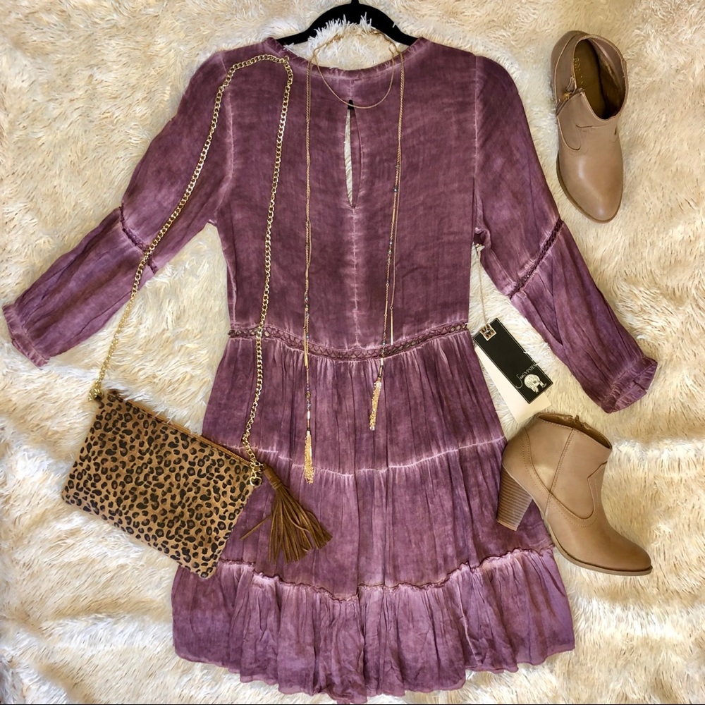 Plum color distressed crochet open back dress